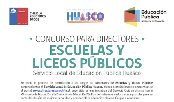 Abiertos Concursos para Directores de Establecimientos Educacionales de Huasco y Puerto Cordillera